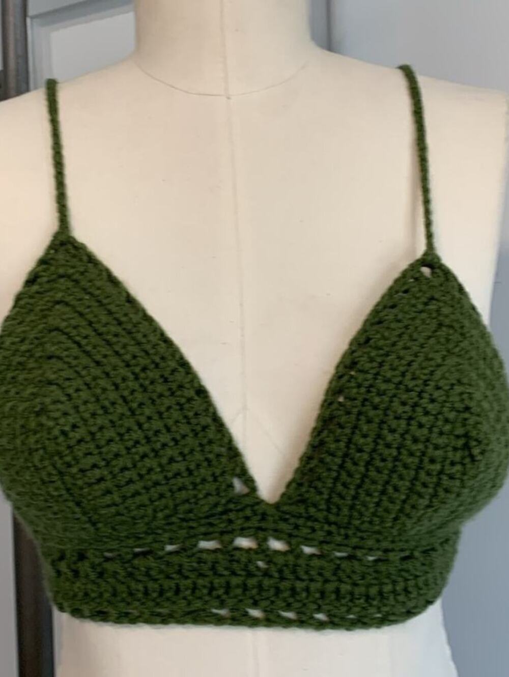 Handmade Crochet Bralette Halter Crop Top Khaki Green Boho Festival Hippie